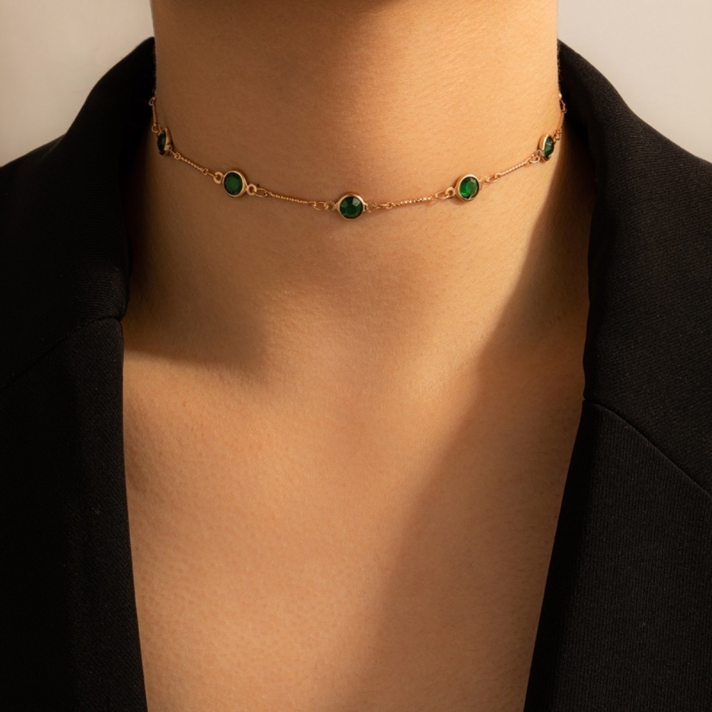 *INEZ* Gold x Green Simple Rhinestone Fashion Necklace
